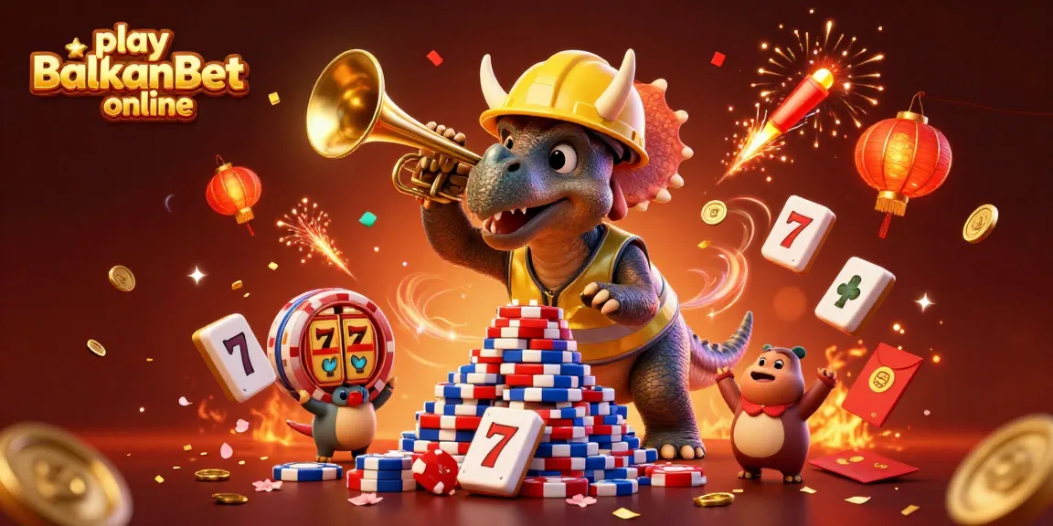 Experience the thrill of gambling as you play BalkanBet online with festive dinosaurs celebrating over floating mahjong tiles and slot reels.