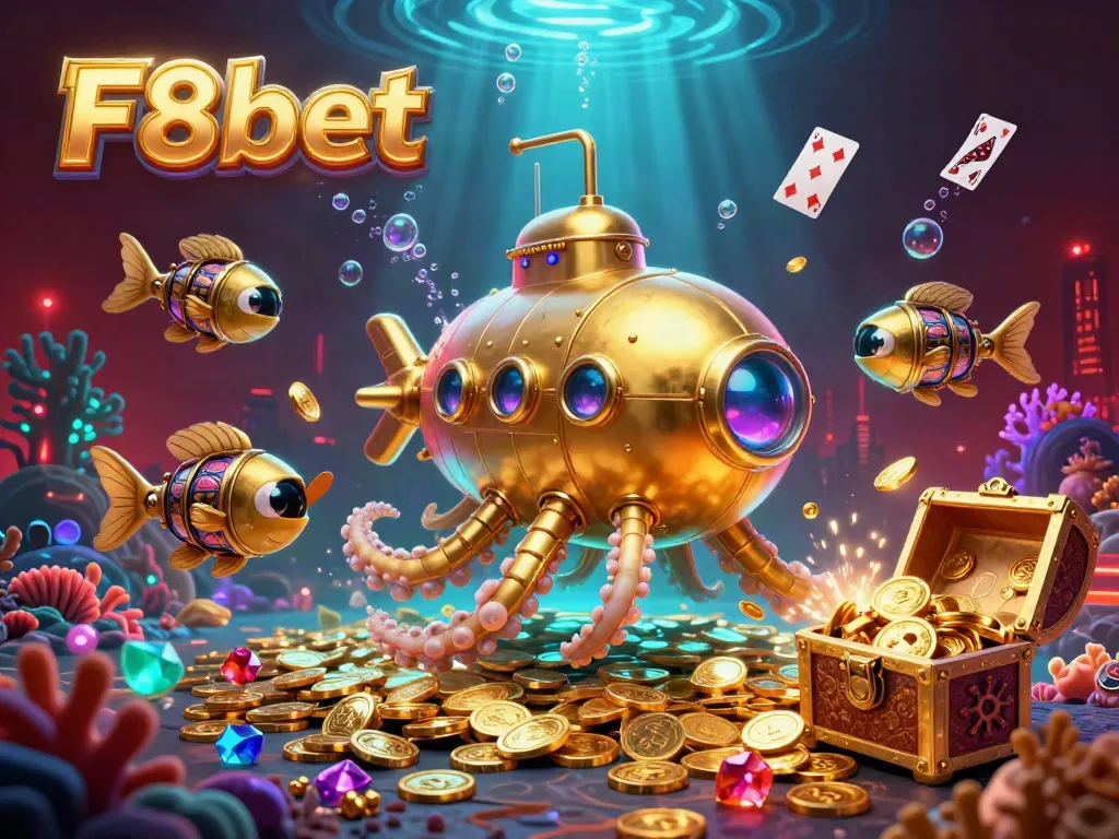 Experience the thrilling world of F8bet with a vibrant scene showcasing a kraken submarine amidst gold coins and iconic casino elements.