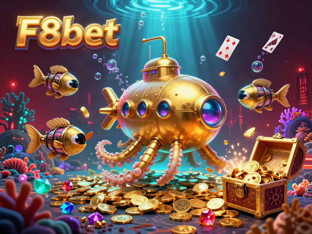 Experience the thrilling world of F8bet with a vibrant scene showcasing a kraken submarine amidst gold coins and iconic casino elements.