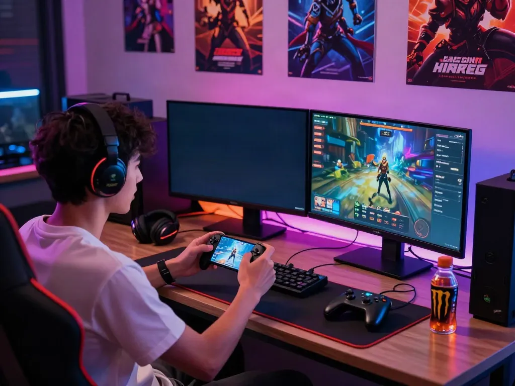 Gamer playing Mod apk on mobile with vibrant LED lighting and accessories.