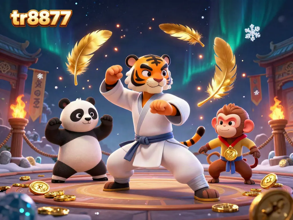 Experience the dynamic action of tr8877 in a vibrant 3D casino scene with kung fu characters.