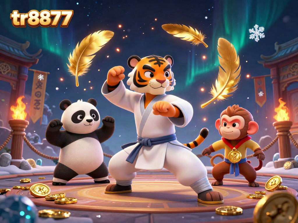 Experience the dynamic action of tr8877 in a vibrant 3D casino scene with kung fu characters.