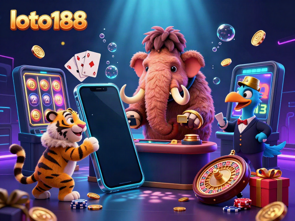 Experience the excitement of loto188 with a whimsical illustration of a casino bouncer, VIP guest, and doorman amid vibrant gaming elements.