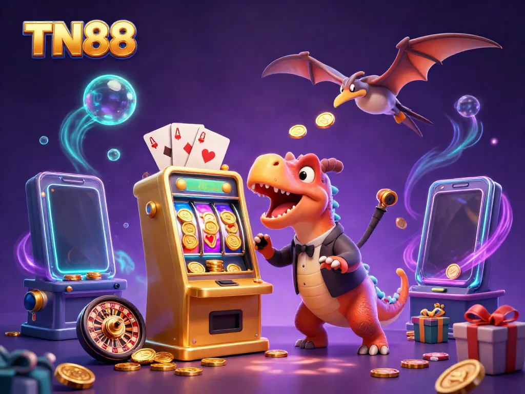 Experience the thrill of TN88 with a dinosaur jackpot celebration in this vibrant casino illustration.