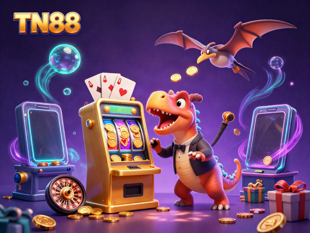 Experience the thrill of TN88 with a dinosaur jackpot celebration in this vibrant casino illustration.