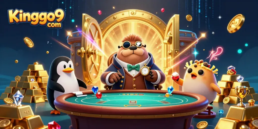 Engage with Kinggo9 com at an underwater poker table featuring a walrus and friends amidst treasures.