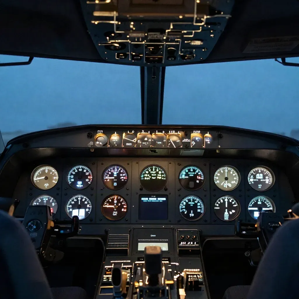 Simulator gauges glowing in a dark bay as needles settle for a night practice hold.