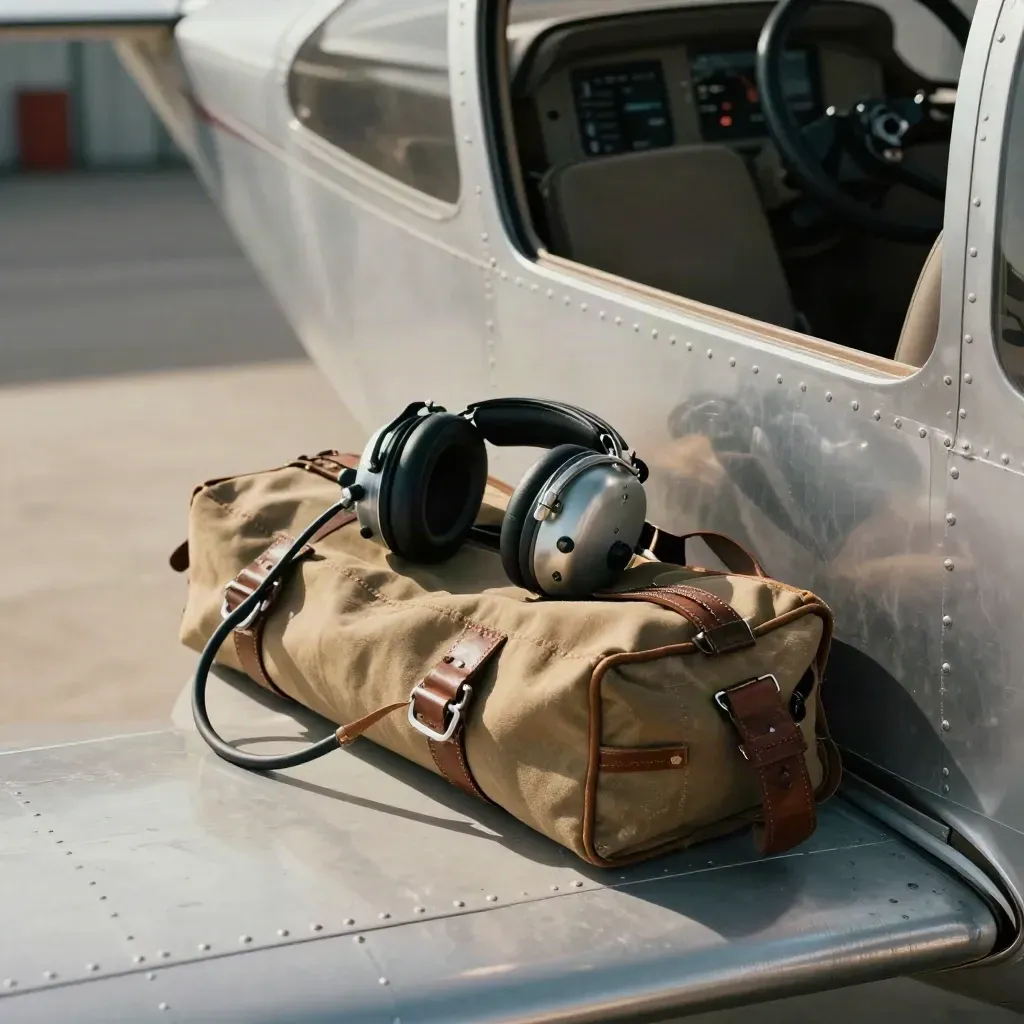 Headset, flight bag, and wing-root preflight setup in warm hangar light