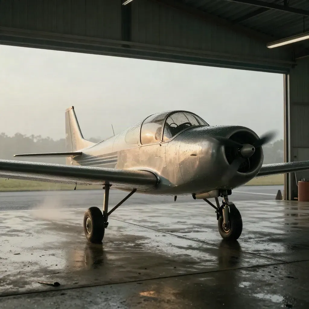 Rain-kissed trainer aircraft at a hangar threshold, cockpit open, sunrise mist on the apron.