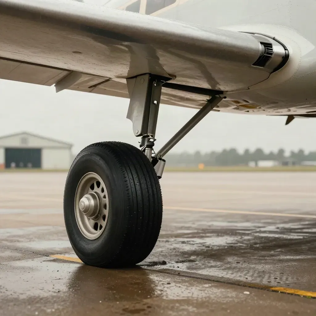 Wet trainer aircraft wheel, wing root, and cabin dehumidifier on an overcast apron.
