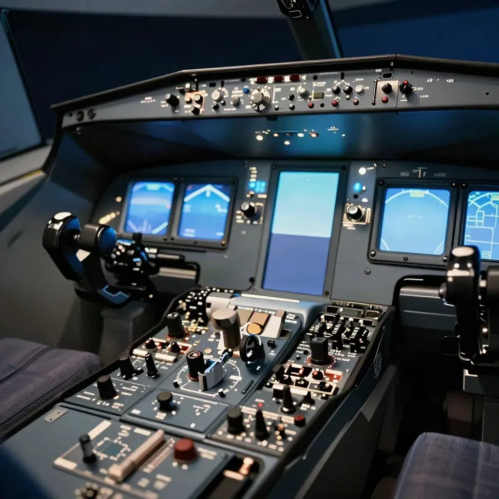 Dim flight sim cockpit with glowing gauges and blue wraparound screen