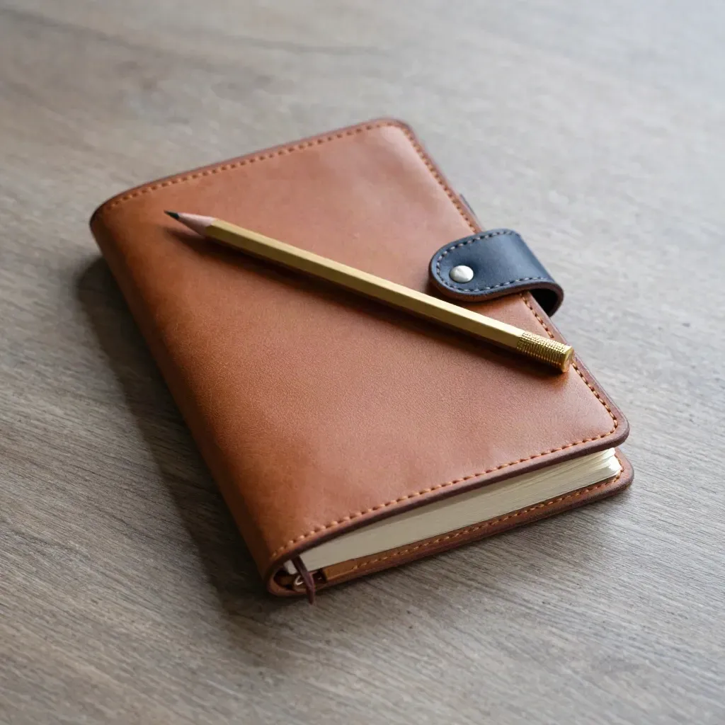 Top-down logbook review flatlay with binder, pencil and brass clip on pale wood.
