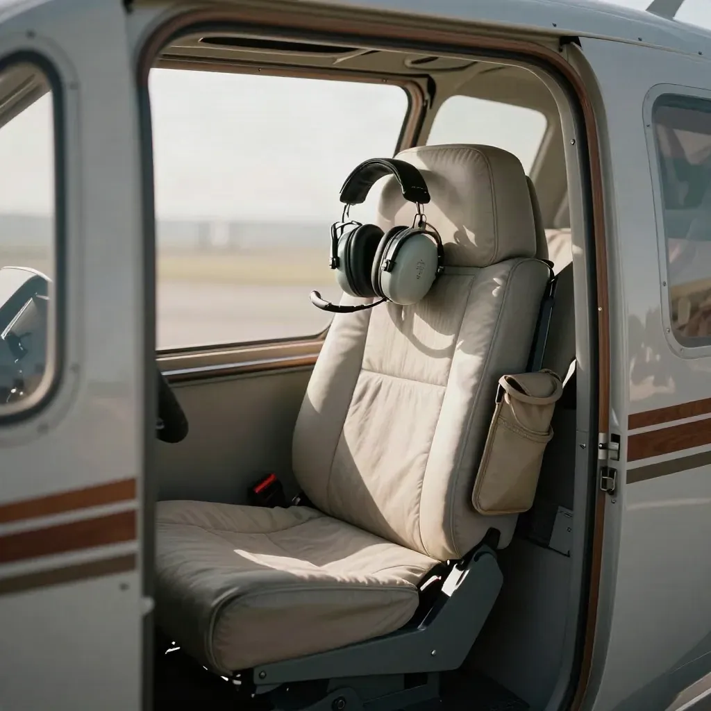 Right-seat trainer cockpit with headset, lowered visor, and clipped pouch in morning light