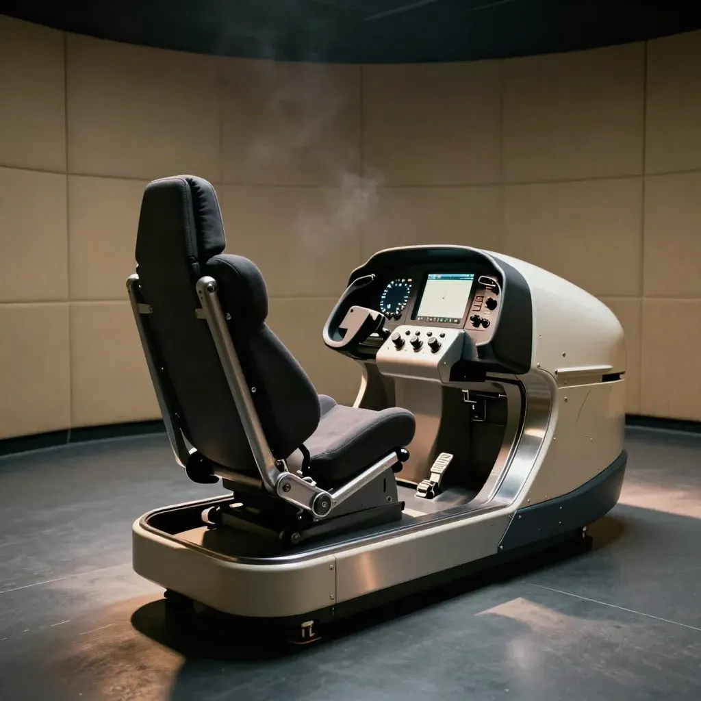 Low wide view of a flight simulator bay waking up, with seat, console, pedals, and glowing wraparound screen.