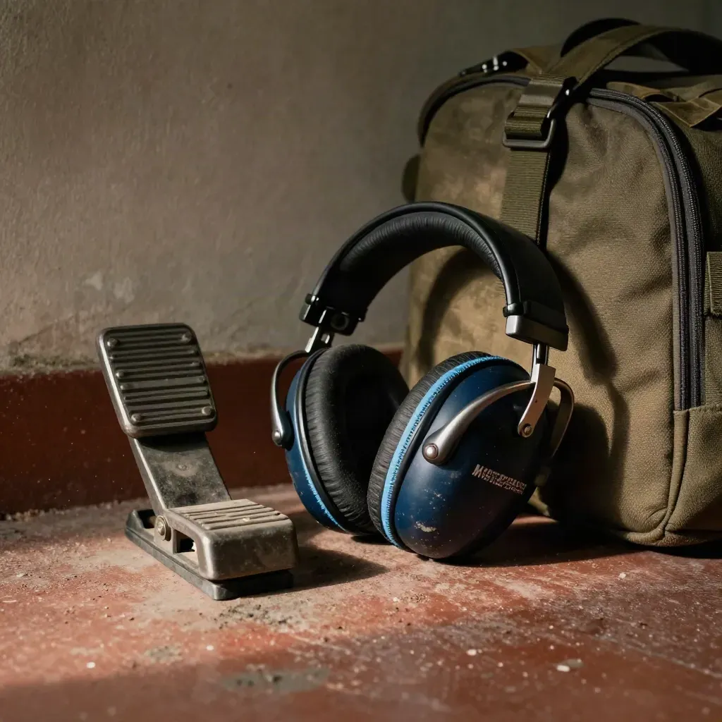 Worn headset and rudder pedals beside a hangar wall in warm slant light