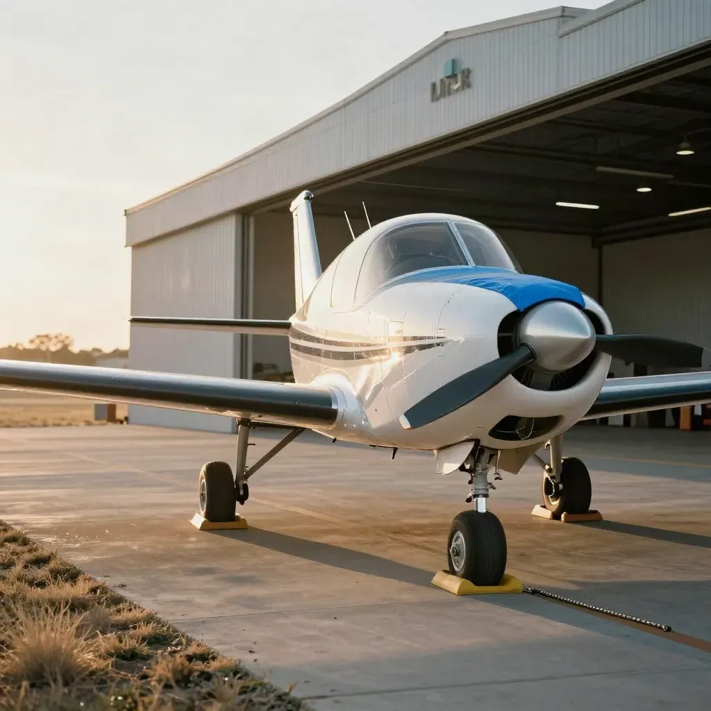 Trainer aircraft by North Texas hangars at sunrise with dry grass and chocks.