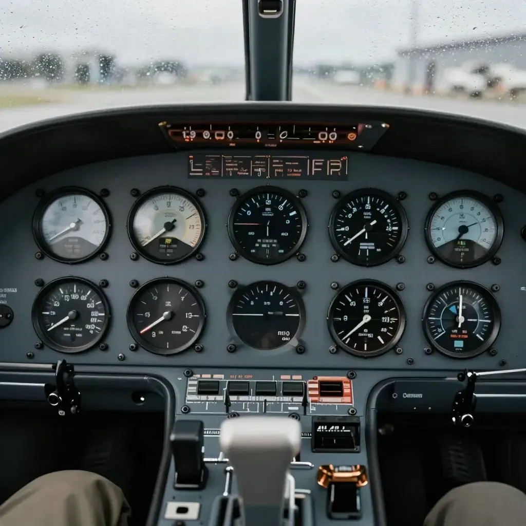 Dark IFR panel lit in silver, gauges mid-scan in a rainy training cockpit.