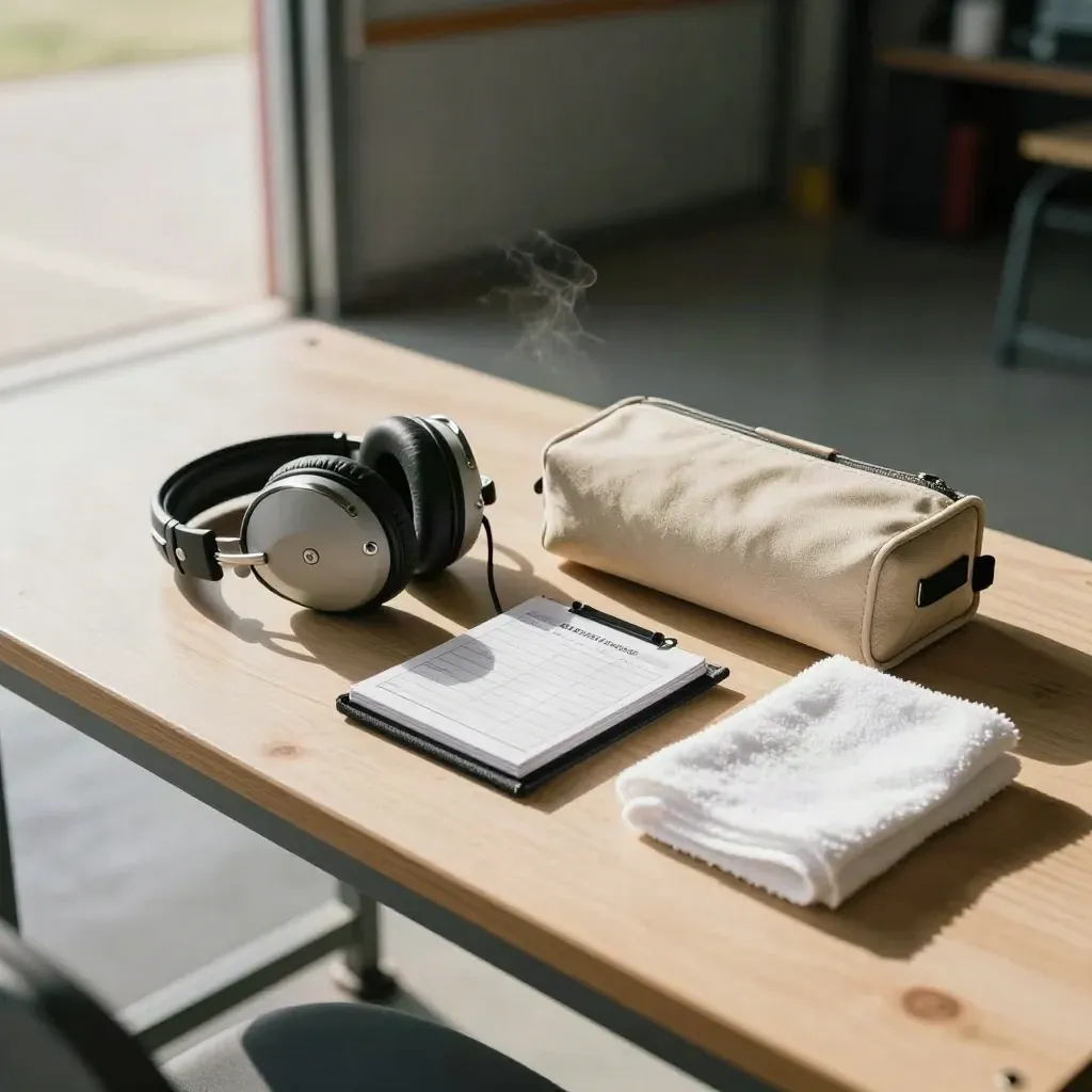 Hangar-table flight review kit with headset, chart case and checklist pouch in bright sun.
