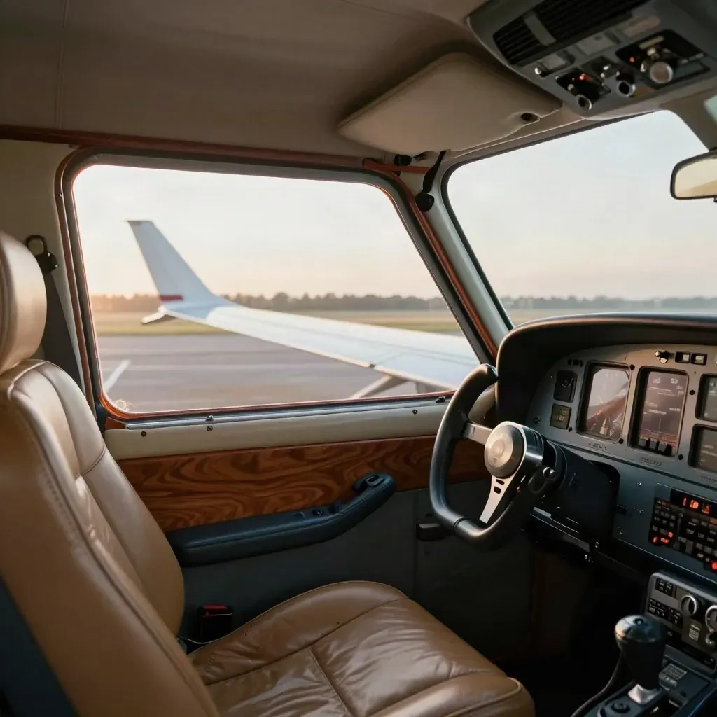 Trainer cockpit view across to the wingtip on a calm morning taxi, warm leather and sunlit horizon.