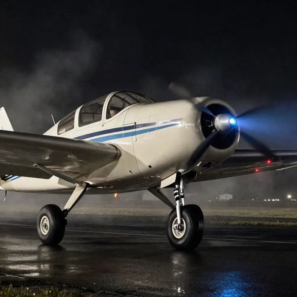 Trainer aircraft at night on a wet runway, tire-level view, nav lights glowing in mist.