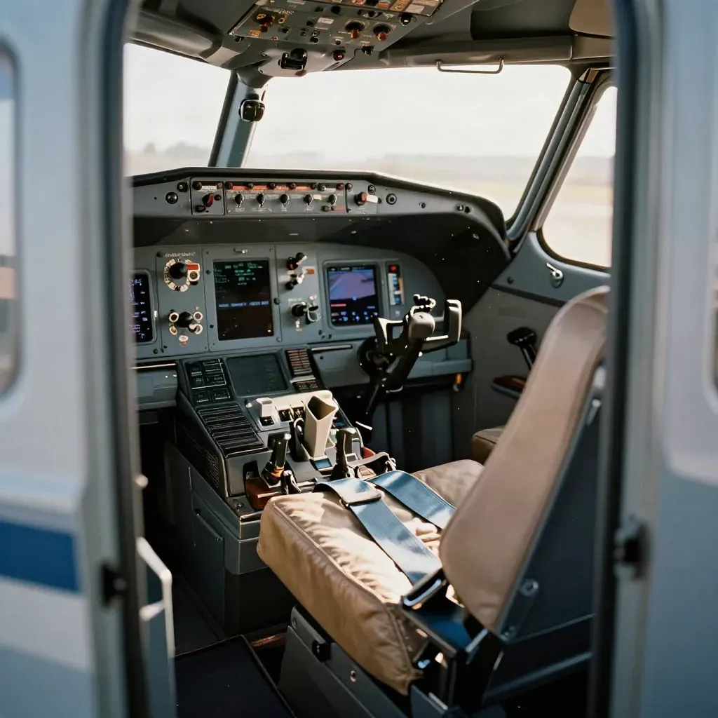 Trainer cockpit with reset switches, neat belts and sunlit dust motes from the doorway