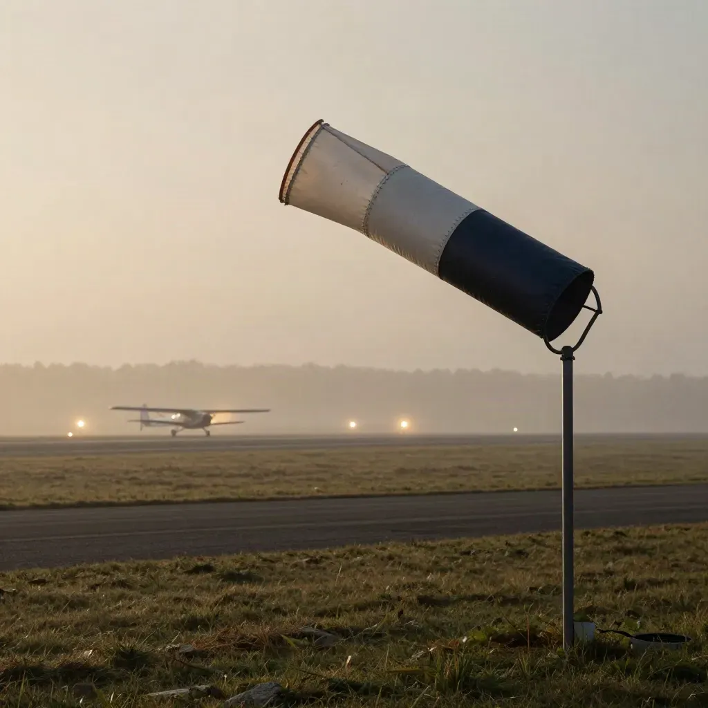 Windsock, runway lights in fog, and a distant trainer at a small airport at dawn.