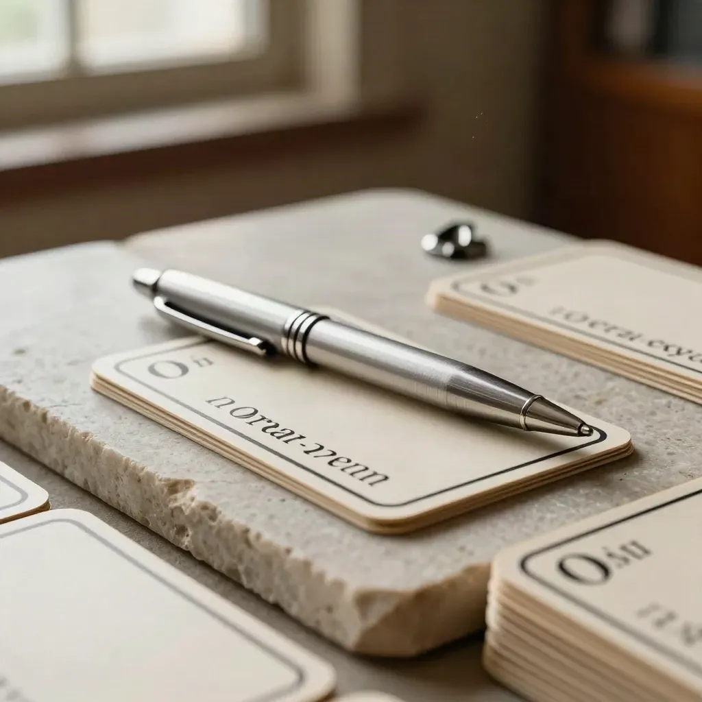 Overhead macro of face-down oral exam flash cards, a silver pen, and metal clip on pale stone.