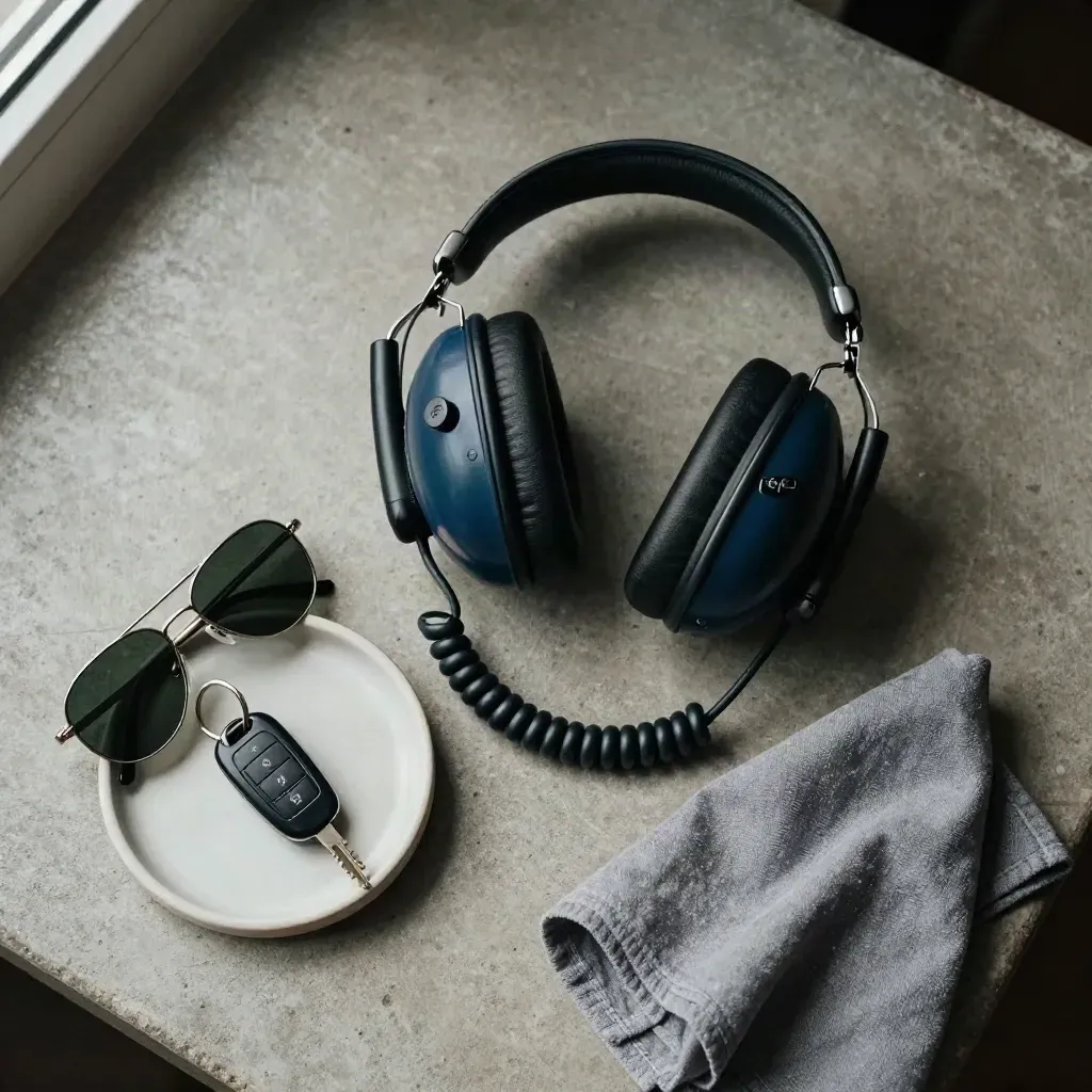 Overhead flatlay of a pilot headset, sunglasses, and key fob on concrete in soft window light.