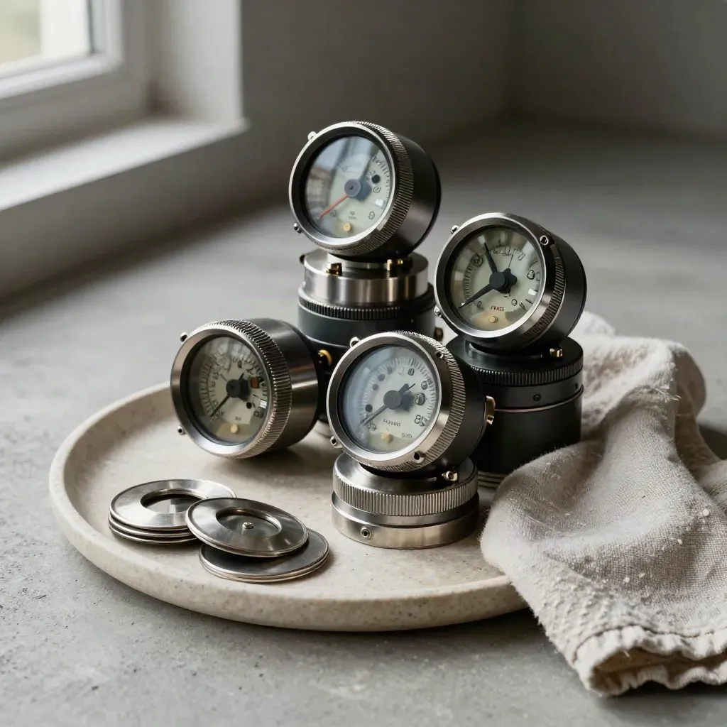 Gyroscopic flight instruments on a stone tray with linen cloth and ceramic dish, softly lit from upper left.