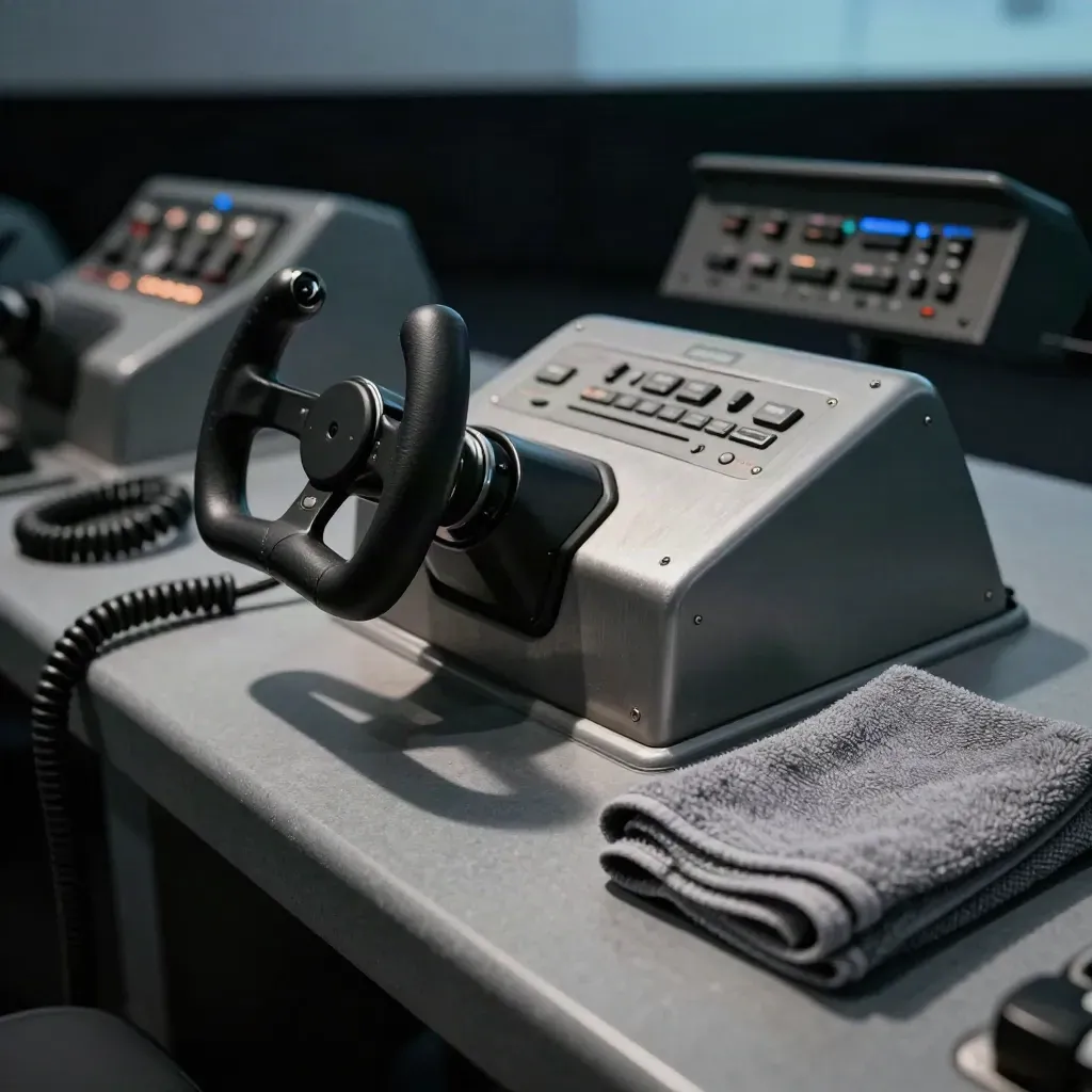 Throttle quadrant, yoke grip and control panel on stone in soft simulator-room light.