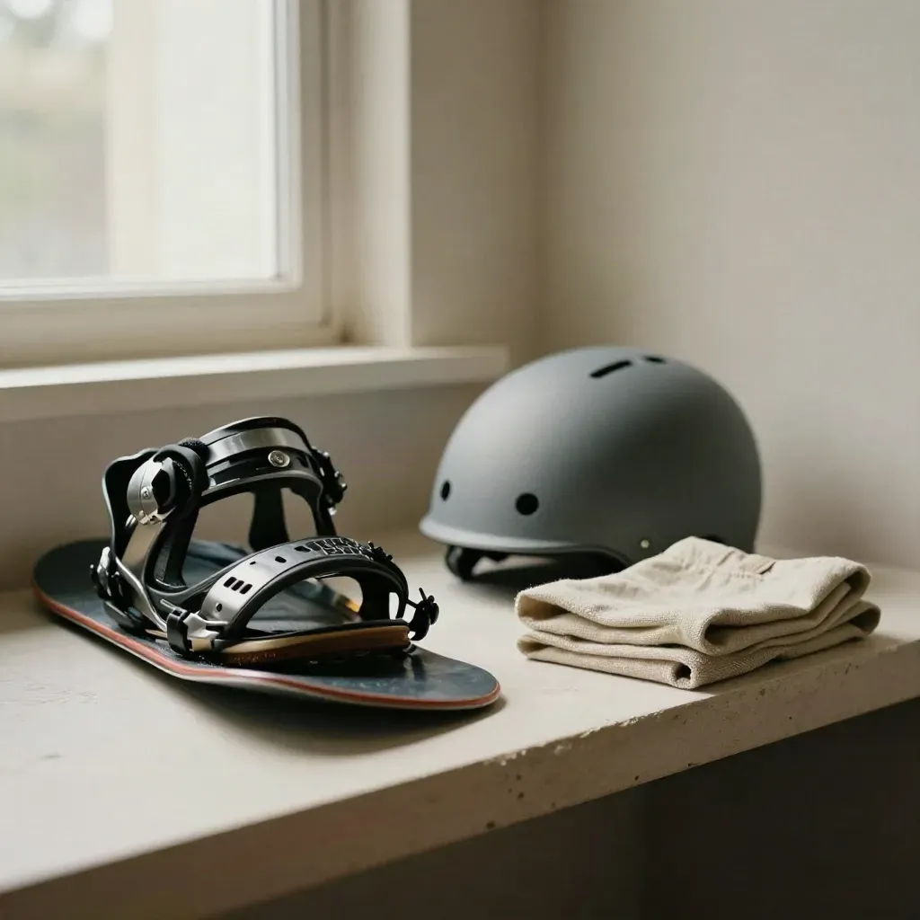 Kneeboard, headset case and folded canvas cloth on a pale plaster shelf in soft window light.
