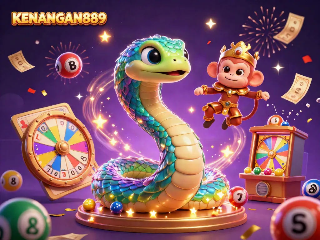 KENANGAN889 showcases a vibrant casino scene with a playful monkey king and a rainbow serpent amidst dynamic game elements.