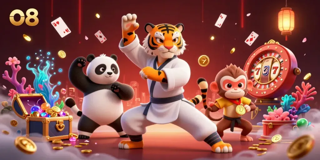 Engage in thrilling gameplay at o8 with charismatic characters and casino elements, celebrating the excitement of online gambling.