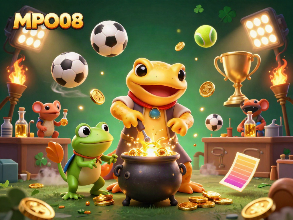 MPO08 showcases vibrant gambling elements featuring golden alchemy, enticing sports motifs, and a touch of magic.