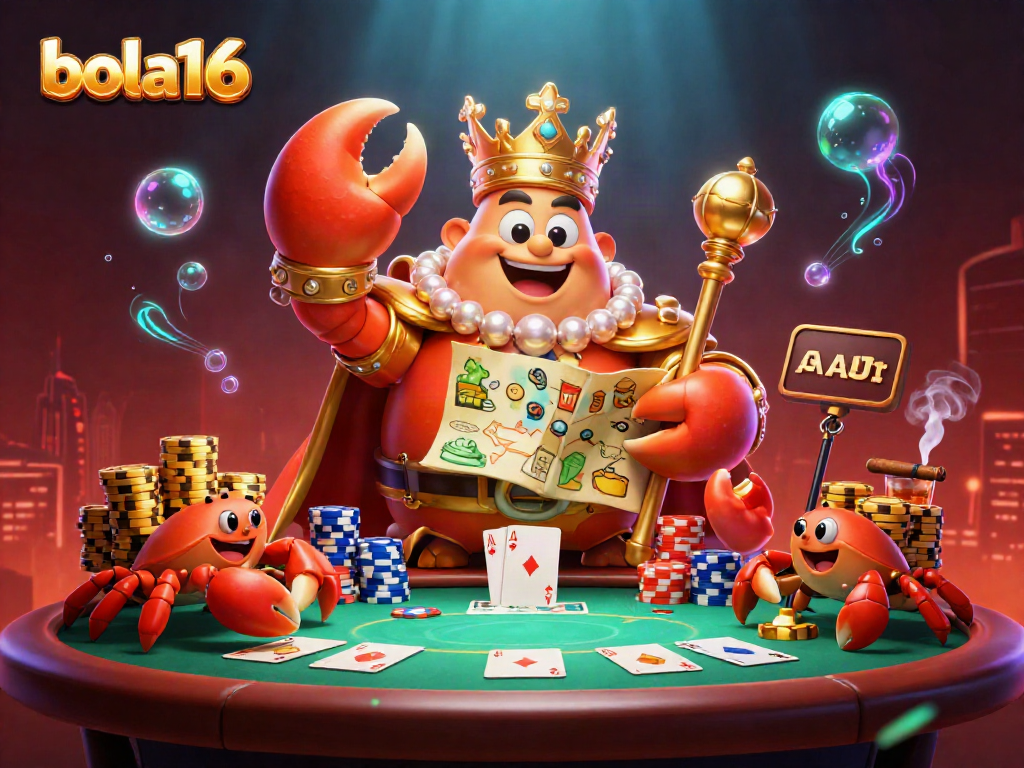 Engage with bola16's golden crab emperor at an extravagant poker table filled with colorful chips.