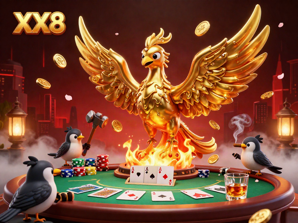 Experience winning moments with the vibrant XX8 phoenix illuminating a high-stakes poker scene.