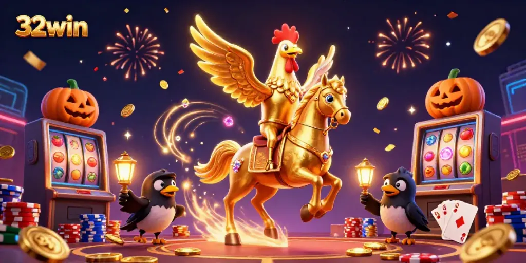 Engage with 32win in a vibrant casino scene featuring a golden rooster and friends celebrating
