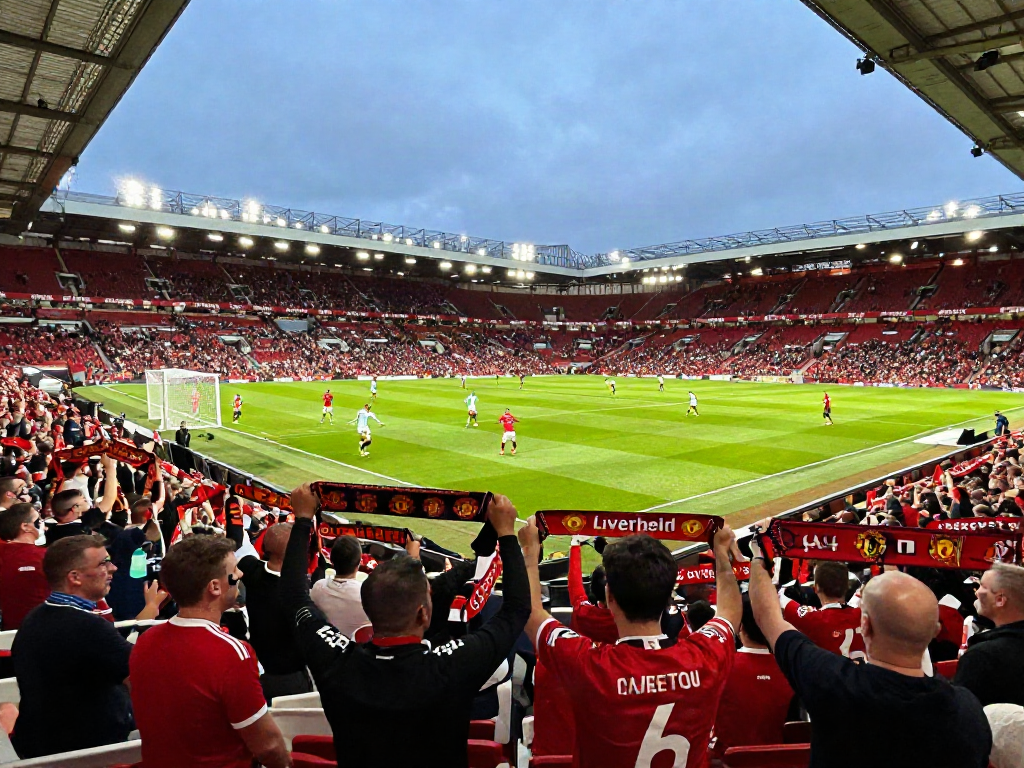 Fans showcasing their team spirit during a competitive แมนยู vs ลิเวอร์พูล match in a packed stadium.
