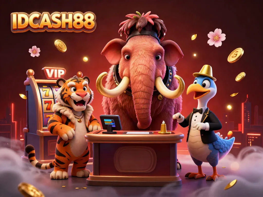 Experience excitement at IDCASH88 with a vibrant 3D casino illustration featuring a woolly mammoth bouncer.
