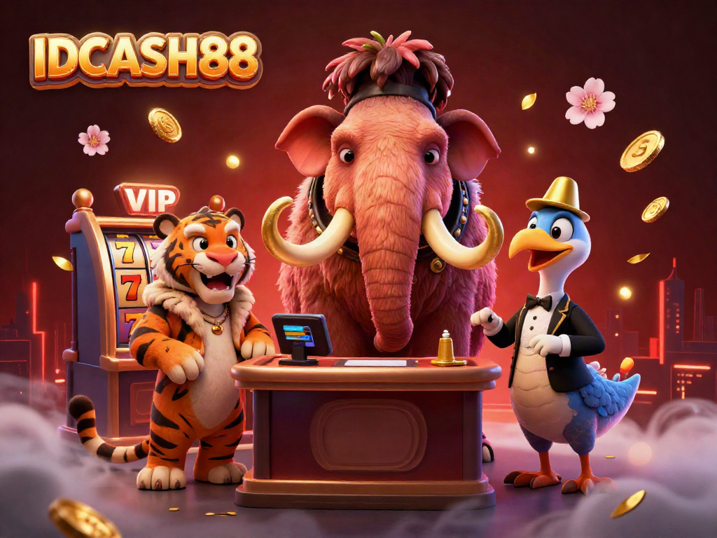 Experience excitement at IDCASH88 with a vibrant 3D casino illustration featuring a woolly mammoth bouncer.