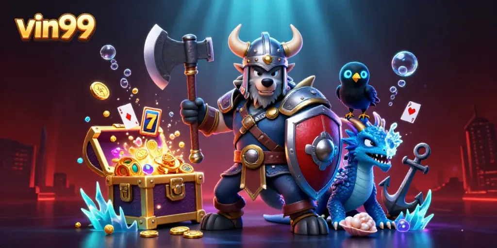 Experience thrilling wins at vin99 with a Viking wolf warrior and magical creatures in a casino-inspired underwater setting.