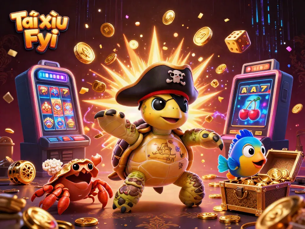 Engage with Tài Xỉu Fyi as a cartoon pirate turtle and friends unveil treasures in a vibrant casino scene.