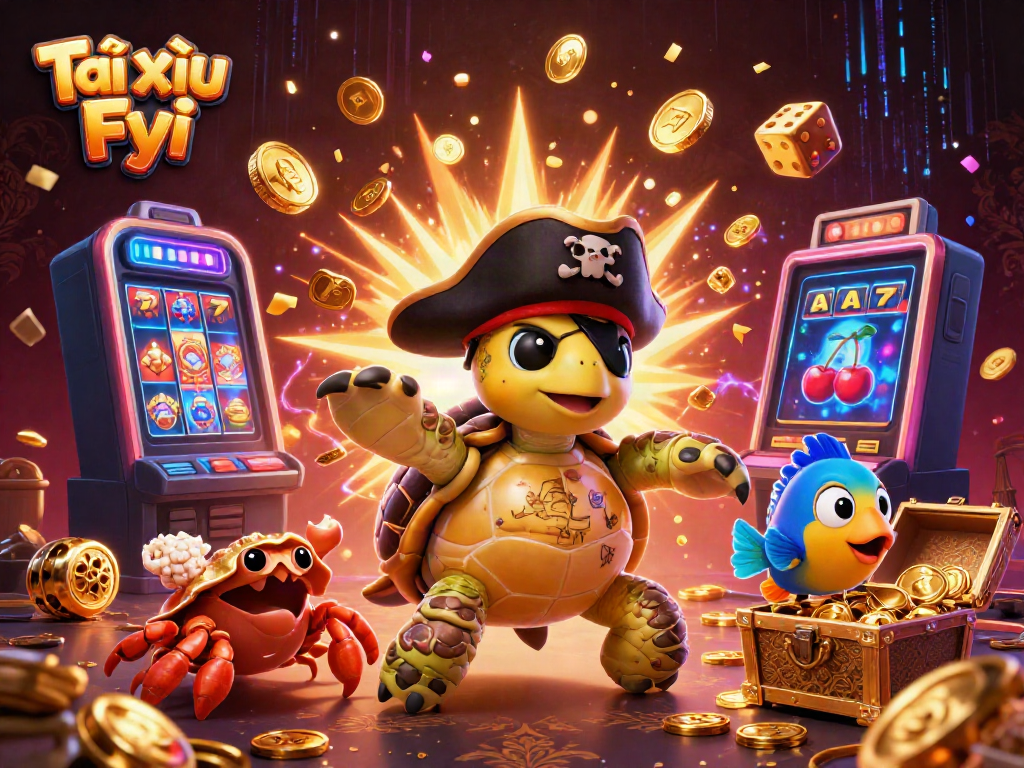 Engage with Tài Xỉu Fyi as a cartoon pirate turtle and friends unveil treasures in a vibrant casino scene.