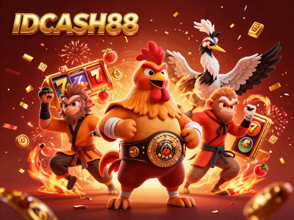 Experience thrilling gameplay at IDCASH88 with vibrant characters amidst jackpot symbols and festive effects.