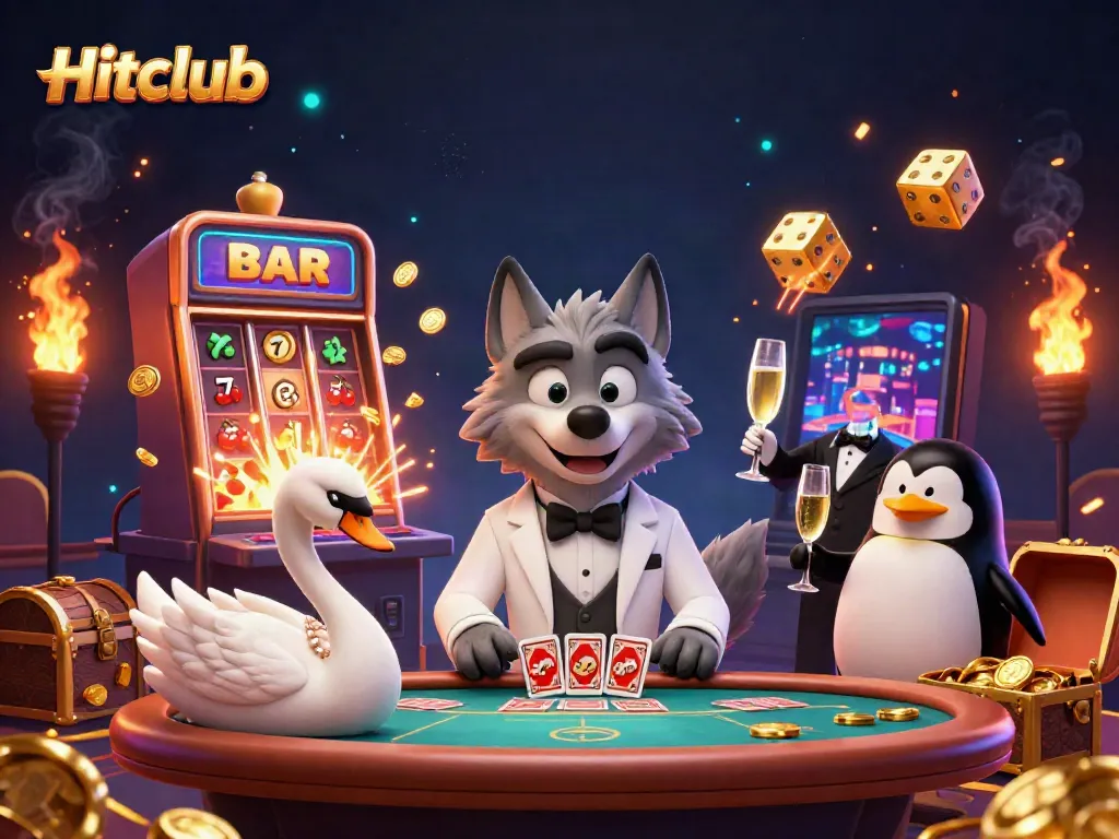 Hitclub showcases a vibrant casino scene with a debonair wolf and elegant characters celebrating at a baccarat table.