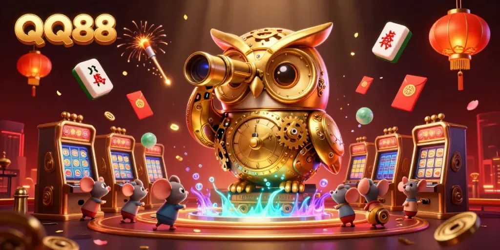 Engage with QQ88's exciting casino atmosphere, featuring a clockwork owl surveying diverse gaming elements.