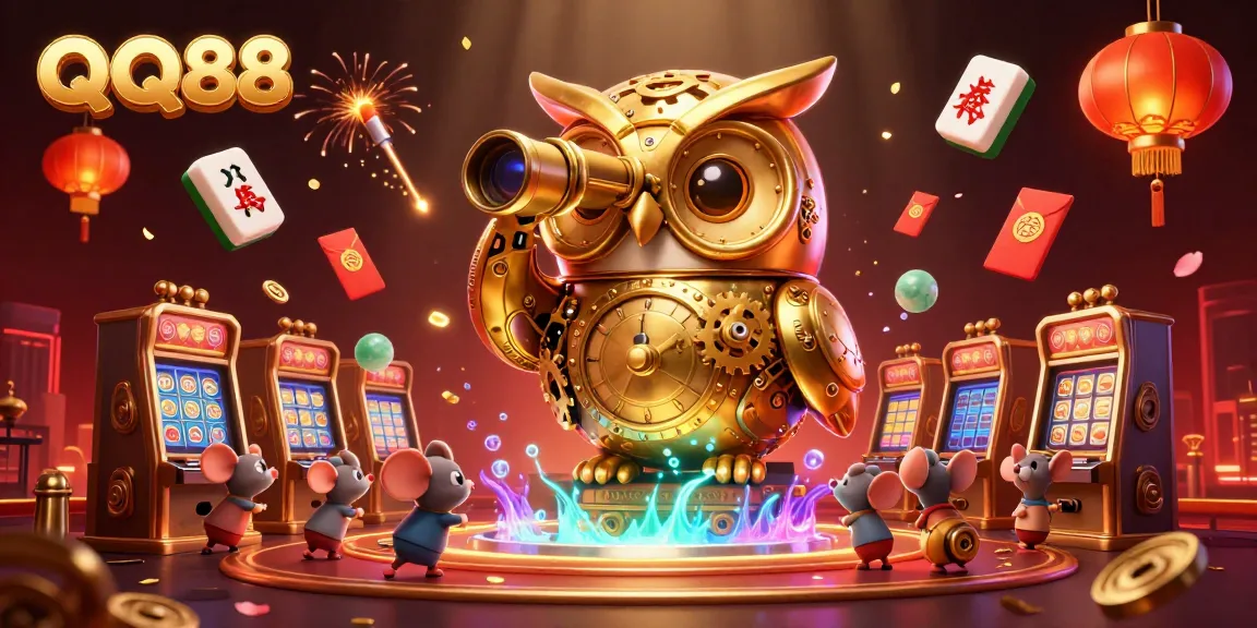 Engage with QQ88's exciting casino atmosphere, featuring a clockwork owl surveying diverse gaming elements.