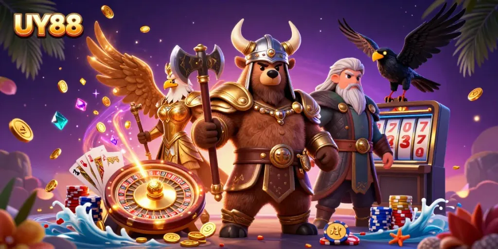 Engage in thrilling gaming action with UY88 as Viking characters gather around exciting casino elements.