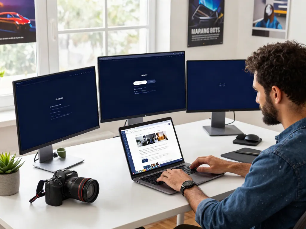 Workspace showcasing latest addresses with monitors and gadgets, focusing on 최신주소 updates.