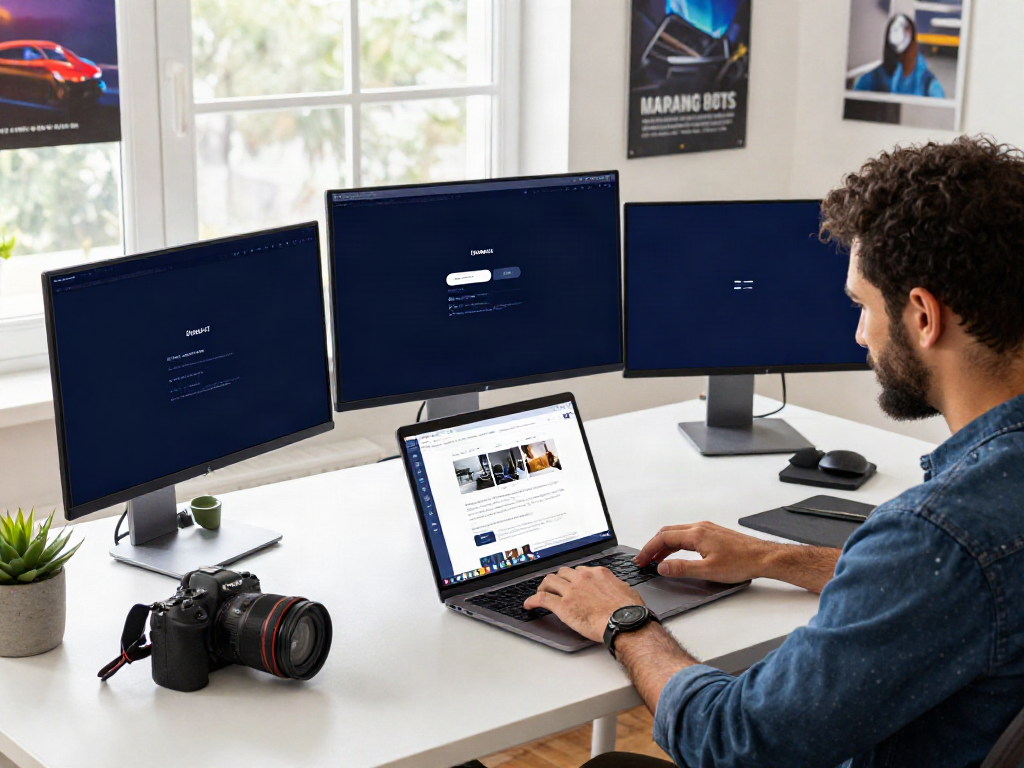 Workspace showcasing latest addresses with monitors and gadgets, focusing on 최신주소 updates.